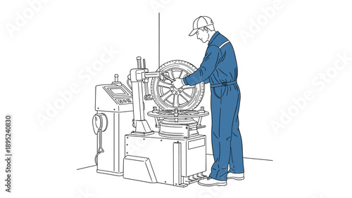 Mechanic operating tire changing machine in workshop line art