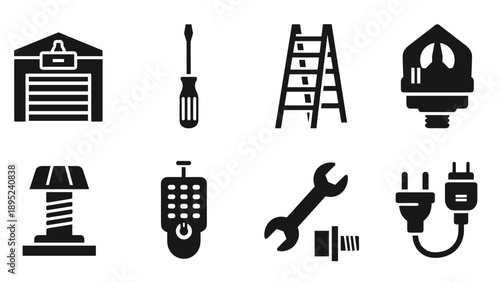 Essential home repair icons: tools, equipment, and utilities silhouettes