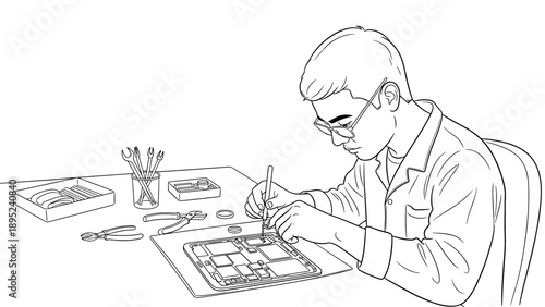 Technician repairing electronic device on desk in monochrome style