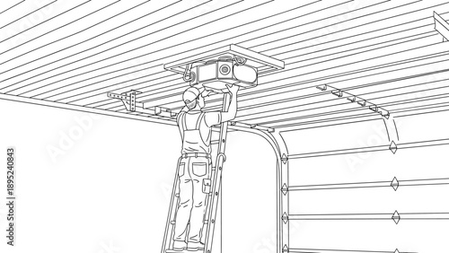 Linear outline of technician installing garage door mechanism on ladder