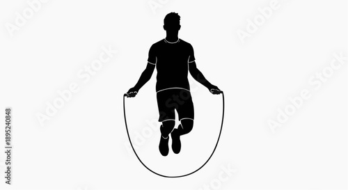 Silhouette of a person jumping rope in the air with an active posture and the rope in motion