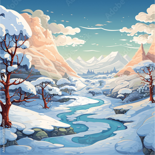 a serene winter landscape. A winding frozen blue river flows through snow-covered hills and stylized trees with reddish-brown trunks and snowy branches. The background features majestic snowy mountain
