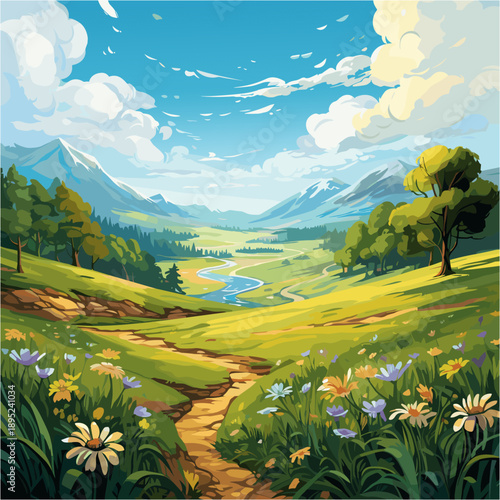 a beautiful spring landscape. A winding dirt path leads through a lush green meadow filled with colorful wildflowers (daisies and yellow flowers) towards a blue river and distant mountains