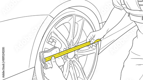 Mechanic measuring car wheel rim with ruler in detailed line art style