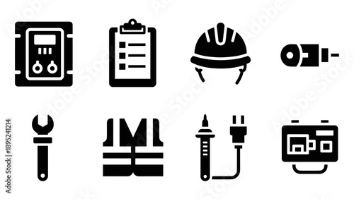 Essential safety equipment icons in bold black silhouette style
