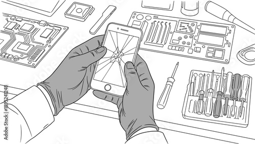 Repairing a cracked phone screen amidst electronic components in a line art style