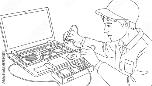 Technician repairing laptop motherboard with soldering iron in detailed line art style