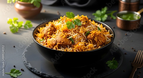 Delicious ramadan food a bowl of flavorful chicken biryani for suhoor or iftar