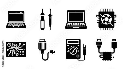 Silhouette electronics icons set featuring laptops and tools for tech enthusiasts