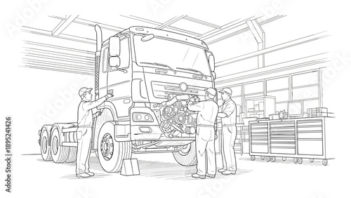 Mechanics repairing truck in garage workshop - linear black and white drawing with detailed perspective