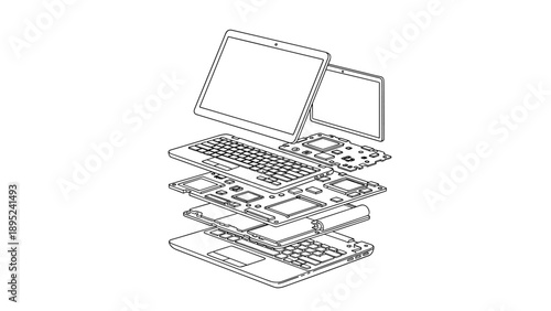Isometric design of open laptop showing internal components and structure