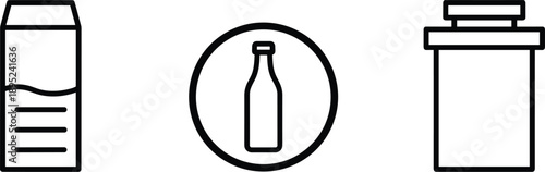 Minimalist beverage packaging icon set featuring a milk or juice carton and bottled drink symbols.