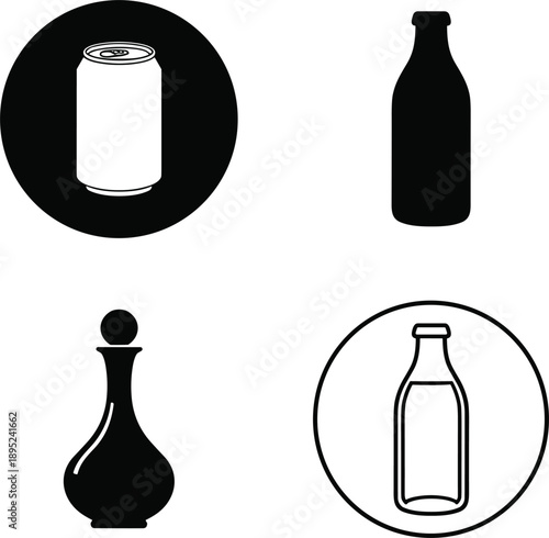 Minimalist beverage packaging icon set featuring soda can, glass bottle, and stylish decanter silhouettes.