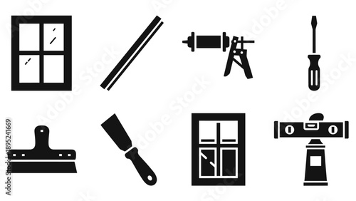 Home renovation tools silhouette set: window installation essentials