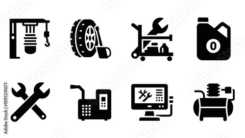 Automotive repair icons set: tools, equipment, maintenance symbols in solid black style