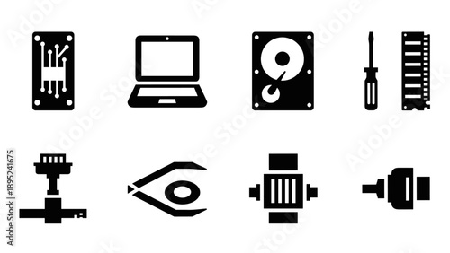 Computer hardware silhouette icons: laptop, circuit, hard drive, tools, and cables