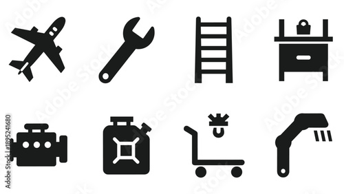 Set of bold transportation and machinery icons in solid black silhouette style