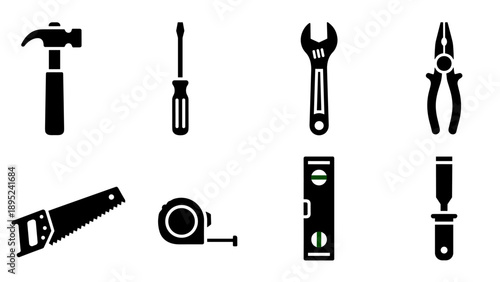 Tool silhouette set: hammer, screwdriver, wrench, pliers, saw, tape measure, level, chisel