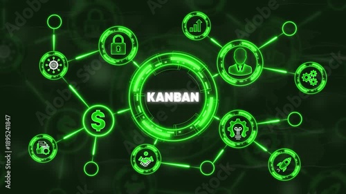 Kanban workflow management system concept with glowing green and connections agile