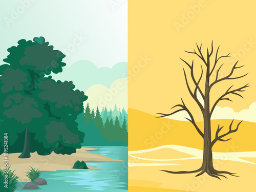 A visual comparison of lush greenery and a barren drought stricken landscape