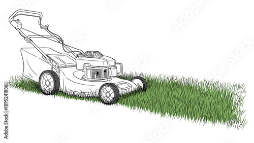 Lawn mower sketch with green grass accent in line art style