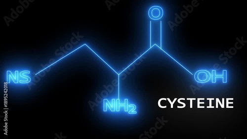 Cysteine amino acid molecular structure with neon and white neon glow animation on black background.