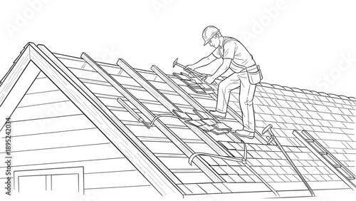Roofer installing shingles on residential roof in detailed line art
