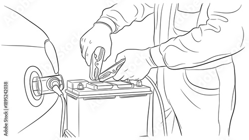 Charging a car battery with jumper cables using a linear style drawing