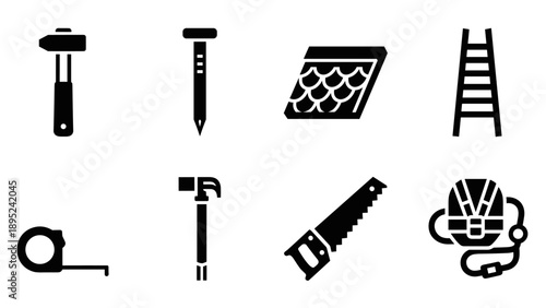 Essential tools and equipment for roofing projects in bold black silhouette style