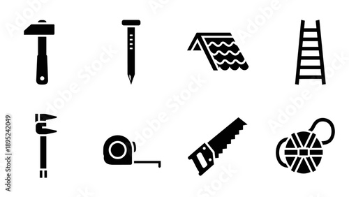 Construction tools icons set: hammer, nail, roof, ladder, wrench, tape, saw, wire