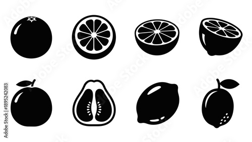 Silhouette citrus fruits collection: orange, lemon, lime, grapefruit icons