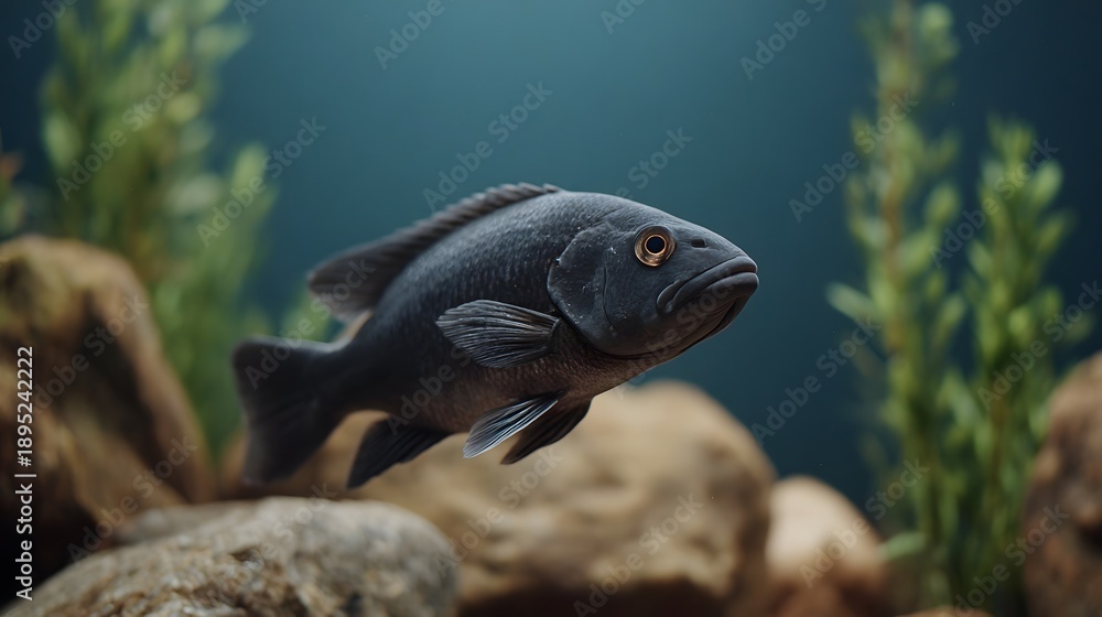 Obraz premium A solitary dark fish navigates a tranquil dimly lit underwater world filled with rocks and aquatic vegetation