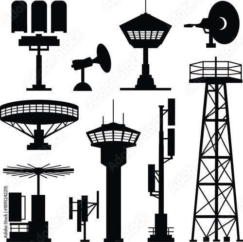 Airport Control Tower and Communication Radar Antenna Silhouette Set vector illustration