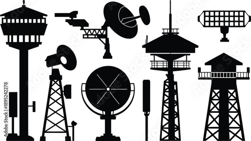 Airport Control Tower and Communication Radar Antenna Silhouette Set vector illustration