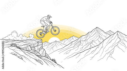 Mountain biker jumps off rocky cliff with stunning sunrise and mountain range in background