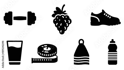 Health and fitness icons: dumbbell, fruit, shoe, water, tape, towel, bottle in bold silhouette style