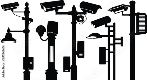 Street Lamp and Surveillance Camera Silhouettes Vector Set