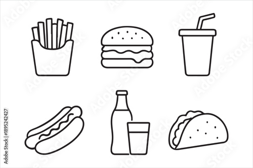 A collection of fast food items including a burger fries taco and beverage options
