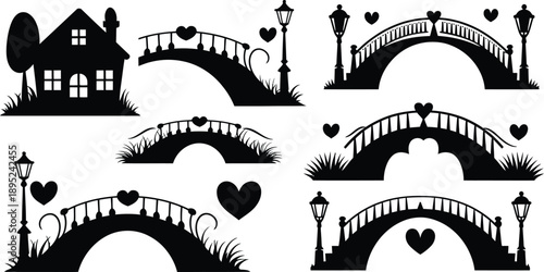Romantic Bridge and House Silhouette Vector Set