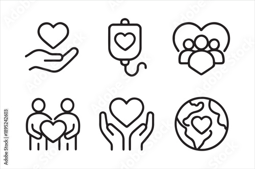 A collection of simple black line icons representing love care and global compassion