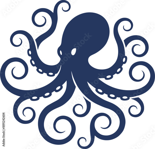 Stylized octopus silhouette vector illustration with swirling tentacles marine sea creature design isolated on white background