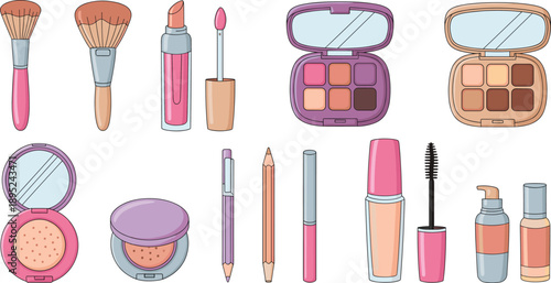 Makeup and Cosmetics Vector Illustration Set with Brushes, Lipstick, Mascara, Foundation, Powder, and Eyeshadow Palette for Beauty and Fashion Designsvvv
