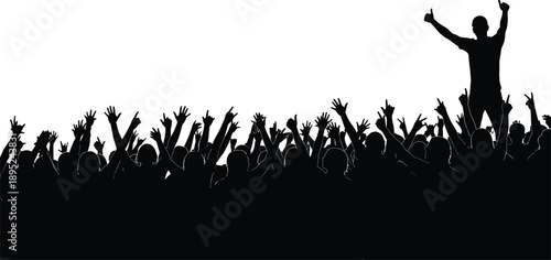 Cheering crowd silhouette with leader standing above people isolated on white background for concert festival motivation success celebration and entertainment marketing design