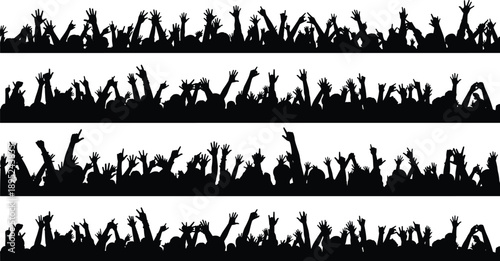 Cheering crowd silhouette border set with raised hands for concert festival party celebration music event banner header and entertainment marketing design