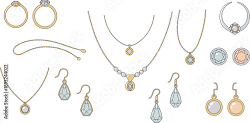 Minimal Gold Jewelry Vector Illustration Set with Rings, Necklaces, and Earrings Featuring Pearls and Gemstones for Elegant Fashion and Accessory Designs