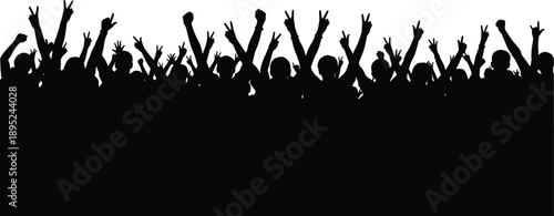 Cheering crowd silhouette with raised hands and victory signs isolated on white background for concert festival party celebration and entertainment marketing design