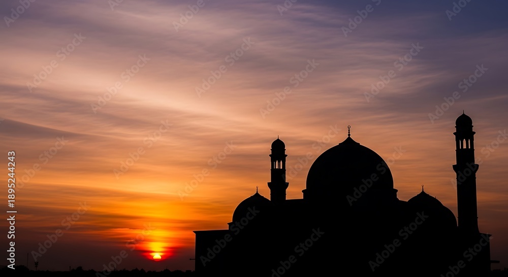 Obraz premium Silhouette of mosque at sunset sky.