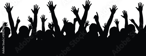 Cheering crowd silhouette with raised hands isolated on white background for concert festival party celebration music event and entertainment marketing design