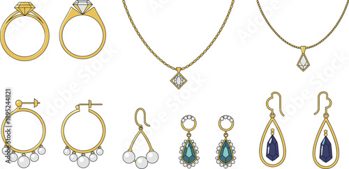 Gold Jewelry Vector Illustration Set with Rings, Necklaces, and Earrings Featuring Gemstones for Luxury Fashion, Accessories, and Elegant Design Projects