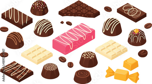 Chocolate sweets set, assorted candy and pralines, dark milk white chocolate pieces, dessert vector illustration collection